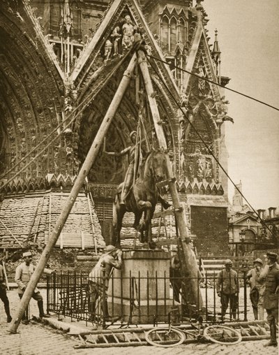 Reims Cathedral, securing bronze statue by French Photographer